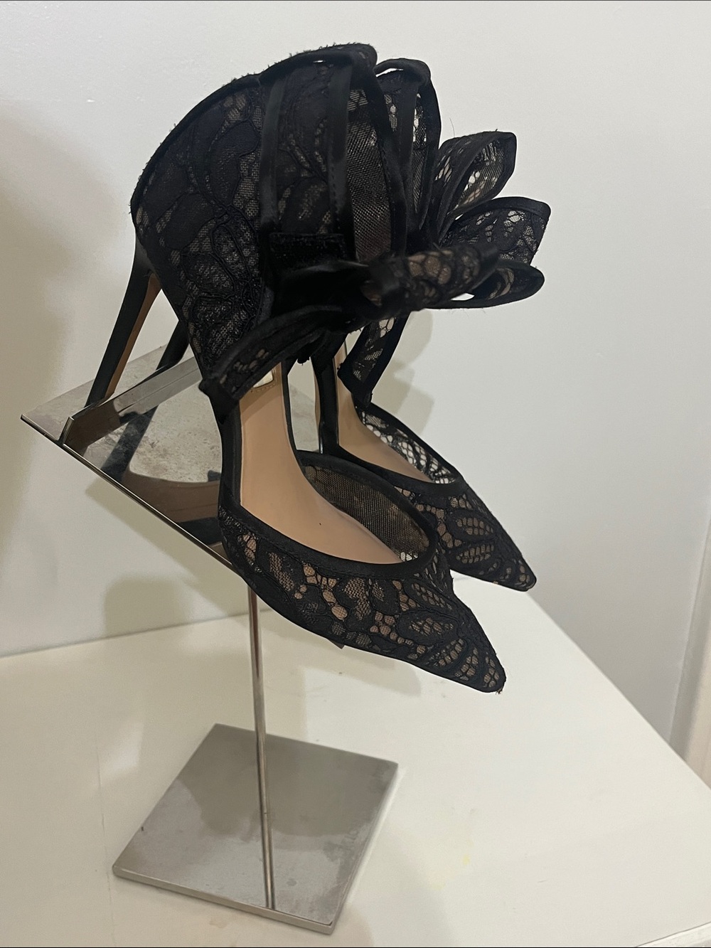 INC International Concepts Sanira Black Lace Bow Ankle-Strap Stiletto - Picture 2 of 7